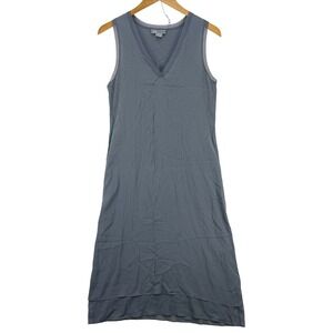 Vince Women's M Sleeveless V-Neck Shift Midi Dress Gray Silk Blend Mesh Trim